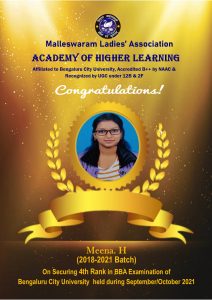 Smt.Meena H (2018-2021 Batch)secured 4th Rank in BBA examination of Bengaluru City University during the year Sep/Oct 2021