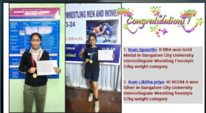 Kum.Spoorthi & Kum.Likitha priya won Gold & Silver medal in BCA Intercollegiate Wrestling Freestyle competition