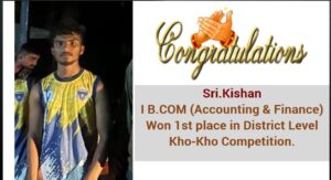 Sri Kishan - won 1st place in District level Kho Kho Competition